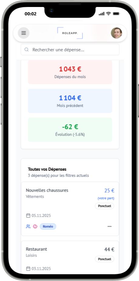 Écran de suivi des dépenses ROLE App sur iPhone